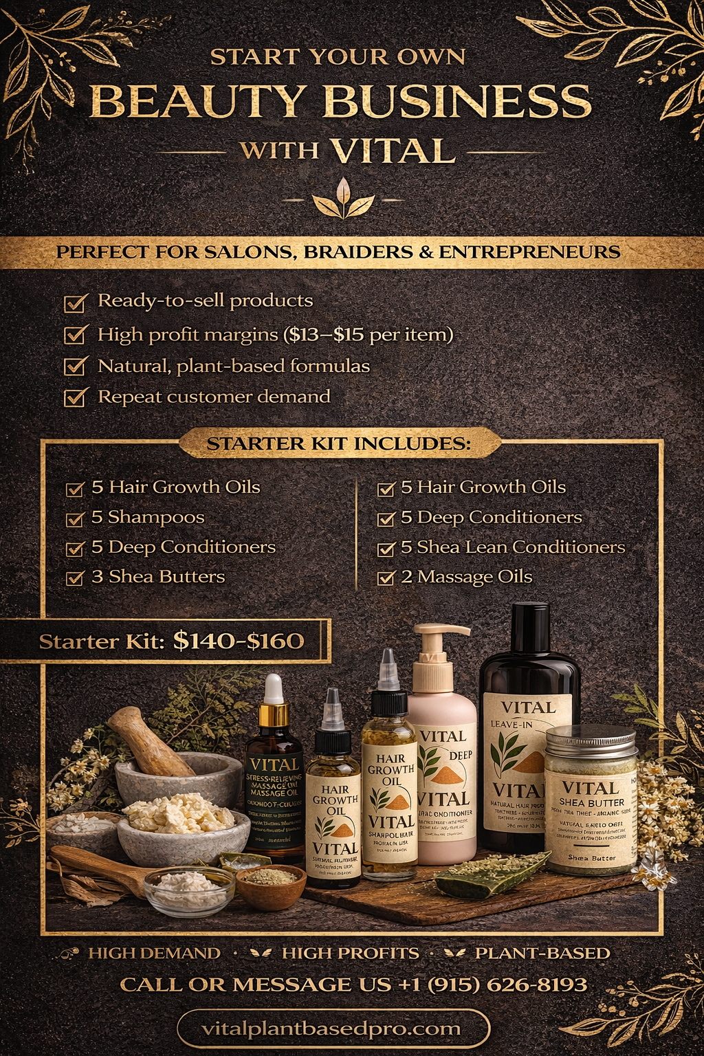 Advertisement for Vital beauty products with text and images of hair care items on a dark background.